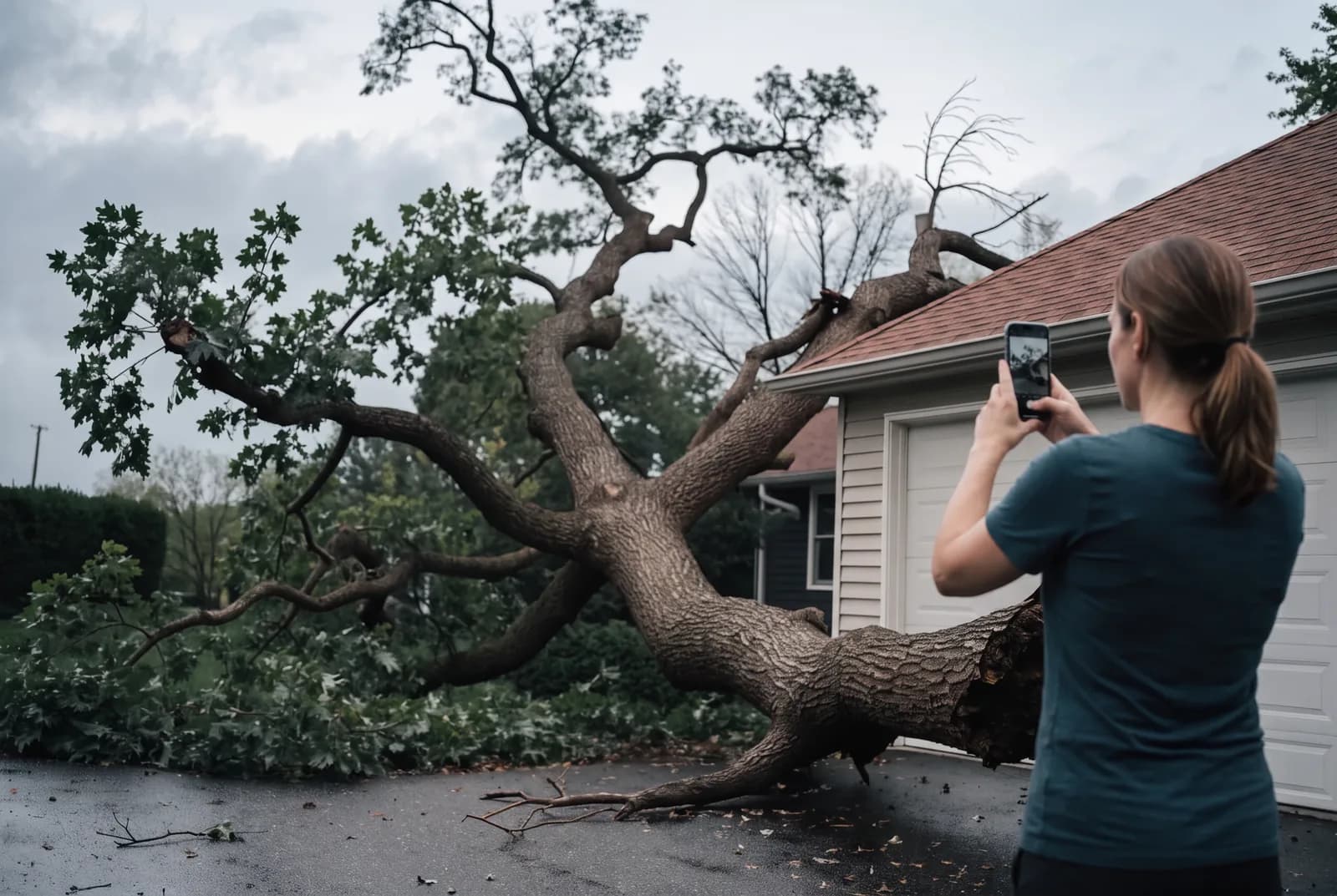 A storm-felled oak across a driveway, leaning on a garage, while the homeowner photographs it with a phone